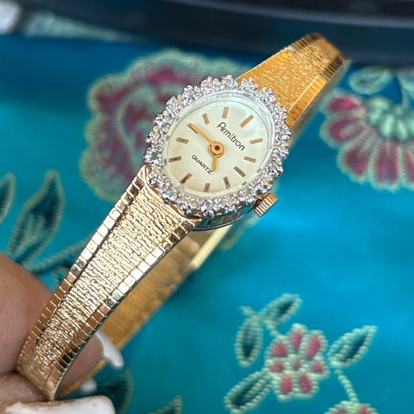 Vintage Armitron Gold Tone Oval Diamond Bezel Quartz Watch Dainty Cocktail 80s main image 7